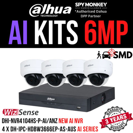 Dahua 2023 Full AI Security System: 4x 6MP Dome 3X66 Cams, 4CH 16MP WizSense NVR