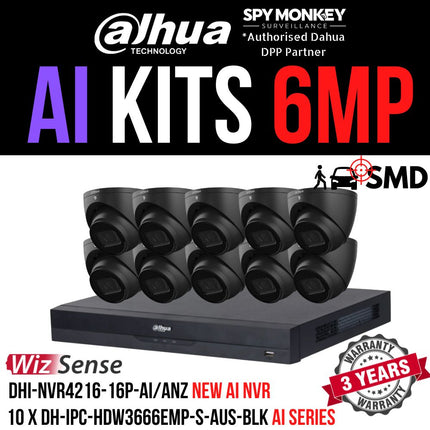 Dahua 2023 Full AI Security System: 10x 6MP Black Turret 3X66 Cams, 16CH 16MP WizSense NVR