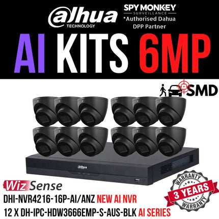 Dahua 2023 Full AI Security System: 12x 6MP Black Turret 3X66 Cams, 16CH 16MP WizSense NVR