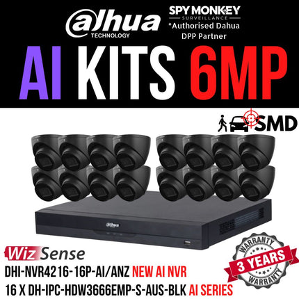 Dahua 2023 Full AI Security System: 16x 6MP Black Turret 3X66 Cams, 16CH 16MP WizSense NVR