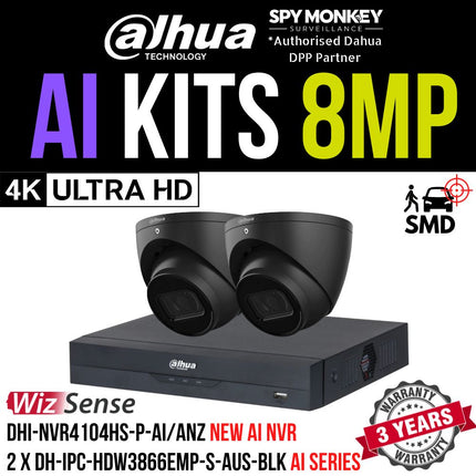 Dahua 2023 Full AI Security System: 2x 8MP Black Turret 3X66 Cams, 4CH 16MP WizSense NVR