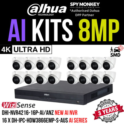 Dahua 2023 Full AI Security System: 16x 8MP Turret 3X66 Cams, 16CH 16MP WizSense NVR
