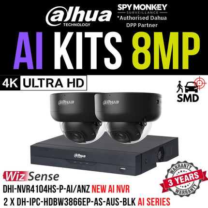 Dahua 2023 Full AI Security System: 2x 8MP Black Dome 3X66 Cams, 4CH 16MP WizSense NVR