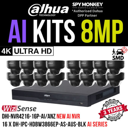 Dahua 2023 Full AI Security System: 16x 8MP Black Dome 3X66 Cams, 16CH 16MP WizSense NVR