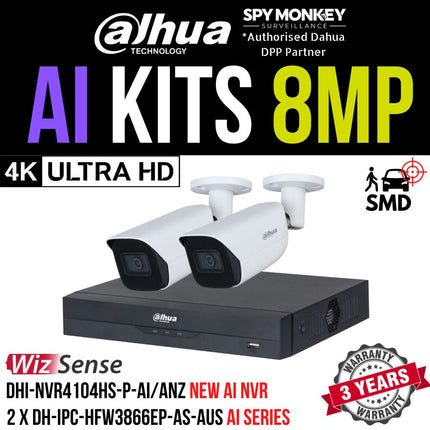 Dahua 2023 Full AI Security System: 2x 8MP Bullet 3X66 Cams, 4CH 16MP WizSense NVR
