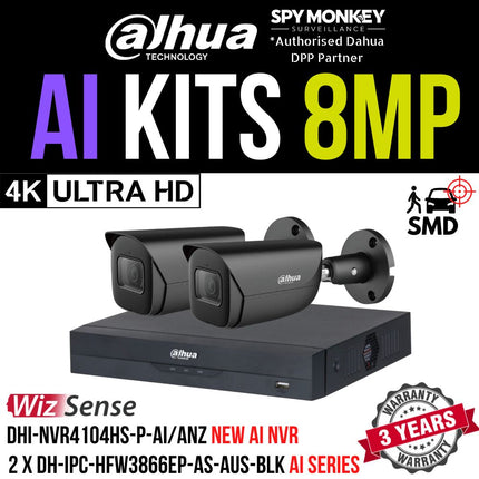 Dahua 2023 Full AI Security System: 2x 8MP Black Bullet 3X66 Cams, 4CH 16MP WizSense NVR