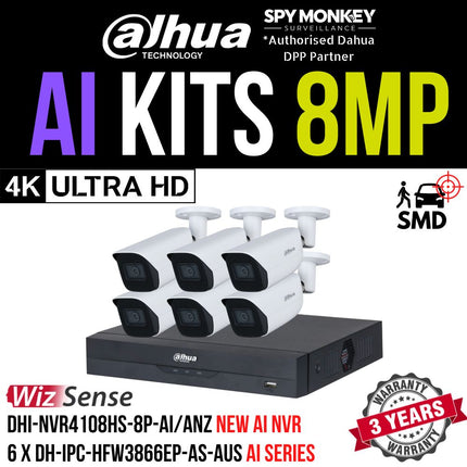 Dahua 2023 Full AI Security System: 6x 8MP Bullet 3X66 Cams, 8CH 16MP WizSense NVR