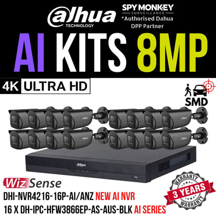 Dahua 2023 Full AI Security System: 16x 8MP Black Bullet 3X66 Cams, 16CH 16MP WizSense NVR