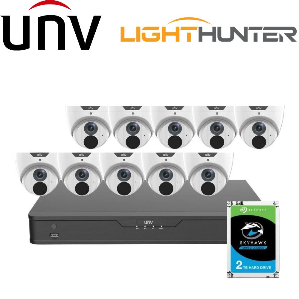 Uniview 16 Channel Security System: 8MP NVR, 10 x 8MP (4K) Turret Cameras, 2TB HDD