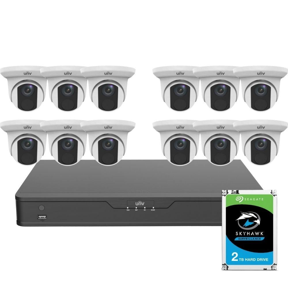 Uniview 16 Channel Security System: 8MP(4K) NVR, 12 x 8MP(4K) Turret Cameras, 2TB HDD