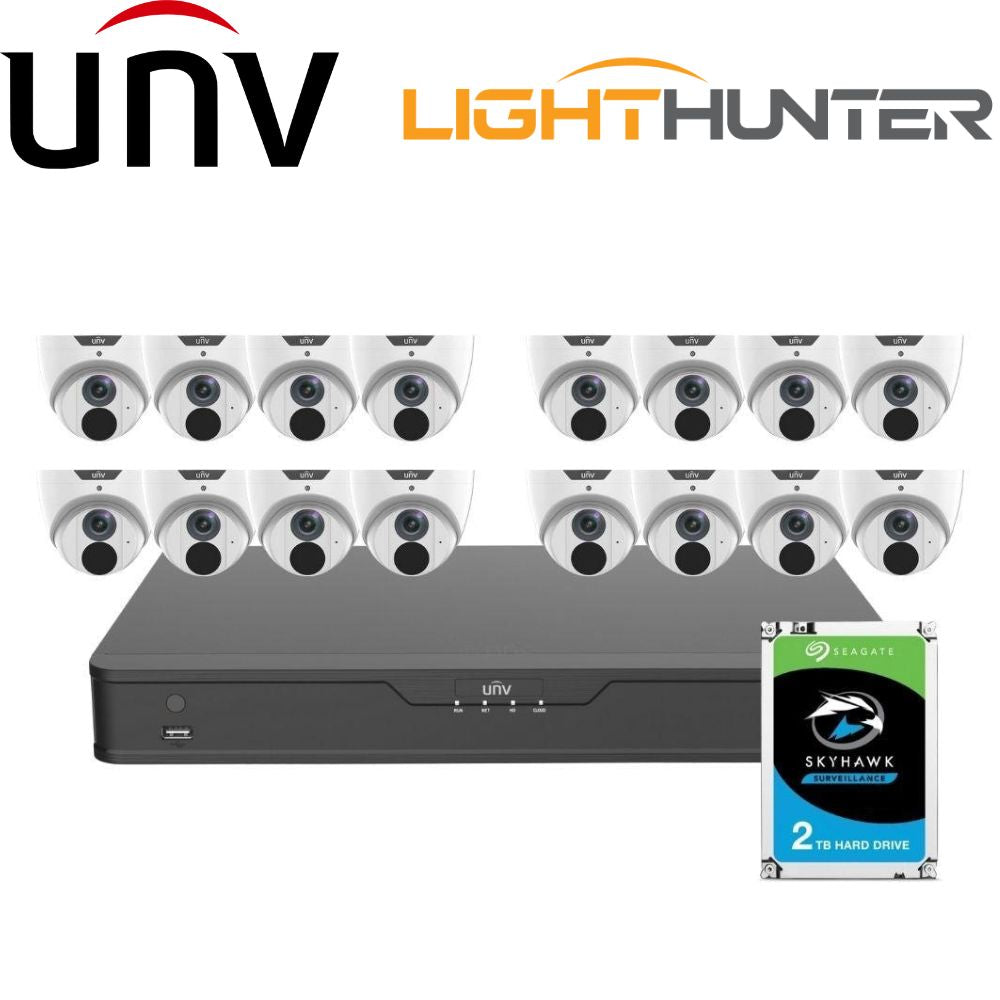 Uniview 16 Channel security System: 4K(8MP) NVR, 16 x 5MP LightHunter Turret Cameras, 2TB HDD