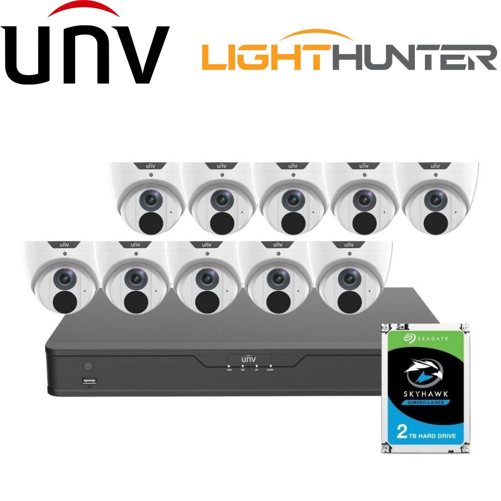 Uniview 16 Channel security System: 8MP NVR, 10 x 5MP LightHunter Turret Cameras, 2TB HDD