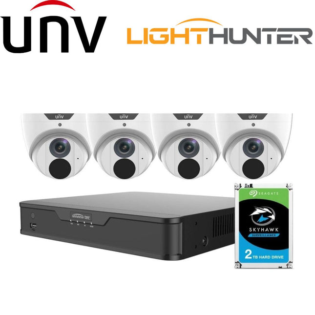 Uniview 4/8/16 Channel Security System: 4K NVR, 4 x 5MP LightHunter Turret Cameras, 2TB HDD