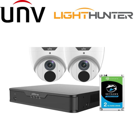 Uniview 4 Channel Security System: 4K NVR, 2 x 5MP LightHunter Turret Cameras, 2TB HDD