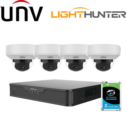 Uniview 4 Channel Security System: 4K NVR, 4 x 8MP Motorised Varifocal Dome 2.8~12mm, 2TB HDD