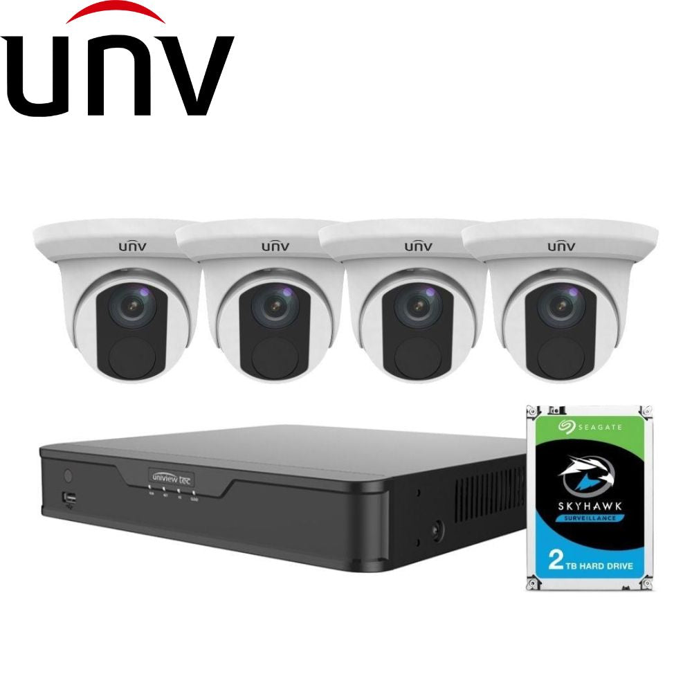 Uniview 8/16 Channel Security System: 8MP(4K) NVR, 4 x 8MP(4K) Turret Cameras, 2TB HDD