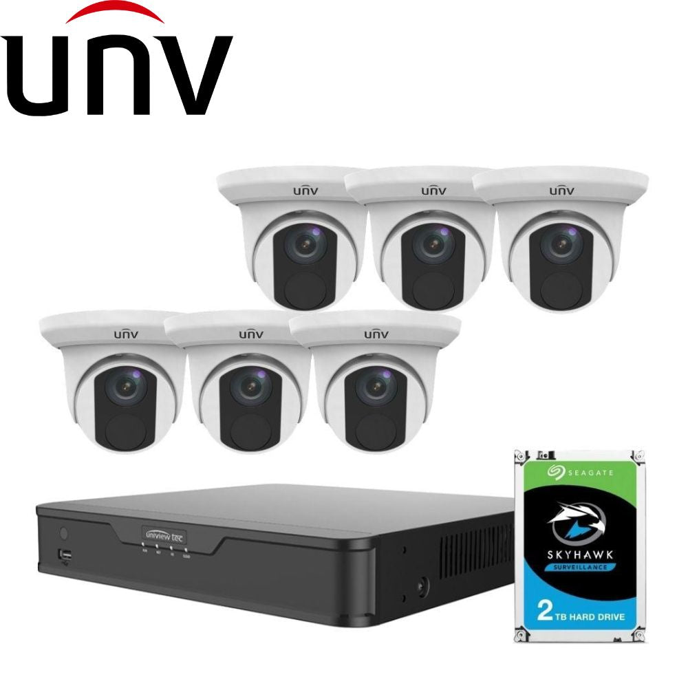 Uniview 8/16 Channel Security System: 8MP(4K) NVR, 6 x 8MP(4K) Turret Cameras, 2TB HDD