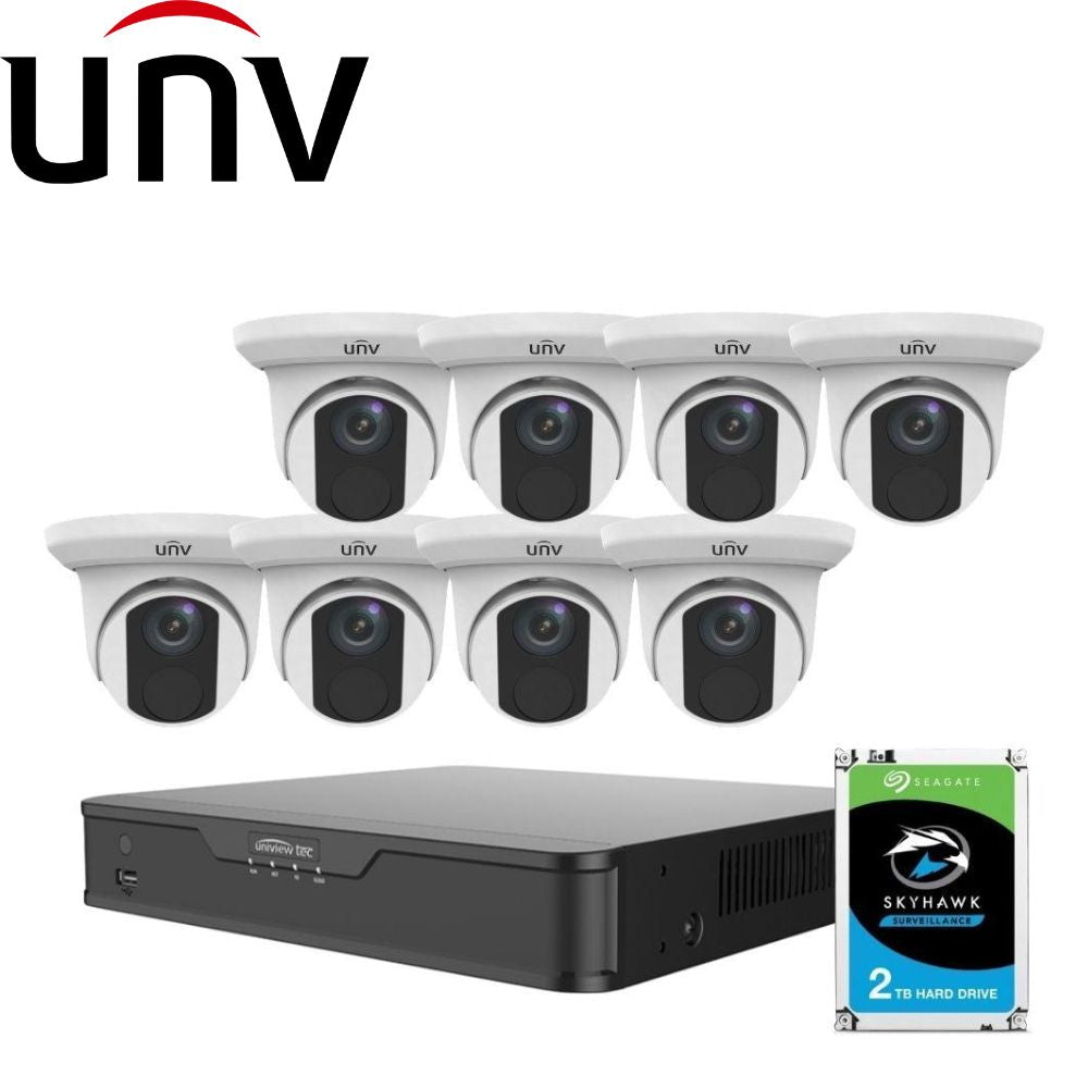 Uniview 8/16 Channel Security System: 8MP(4K) NVR, 8 x 8MP(4K) Turret Cameras, 2TB HDD