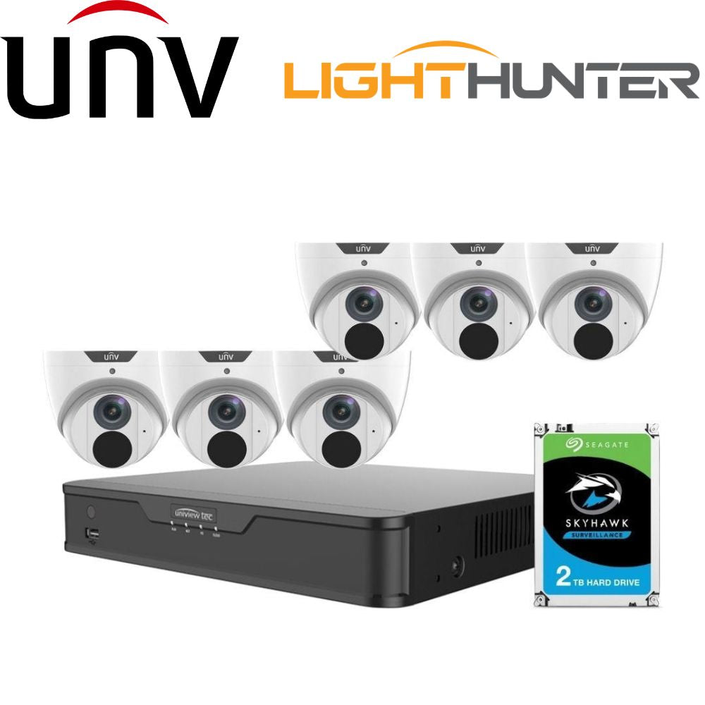 Uniview 8 Channel Security System: 4K NVR, 6 x 5MP LightHunter Turret Cameras, 2TB HDD