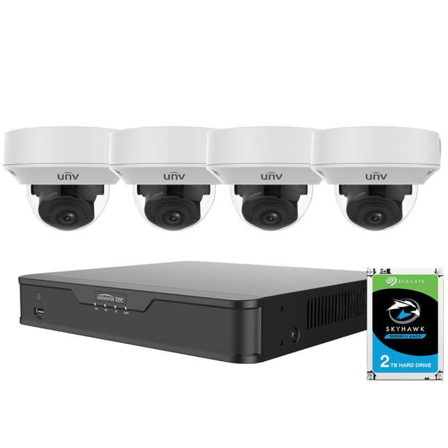 Uniview 4 Channel Security System: 4K NVR, 4 x 8MP Motorised Varifocal Dome 2.8~12mm, 2TB HDD