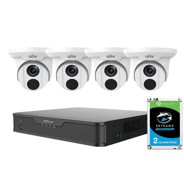 Uniview 4 Channel Tradies Kit: 4K NVR, 4 x 4MP Turret Cameras, 2TB HDD