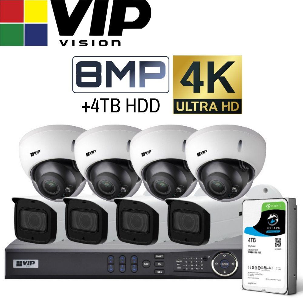 VIP Vision Pro 8 Channel Security Kit: 12MP NVR, 4 X 8MP VF Bullet, 4 X 8MP VF Dome, 4TB HDD