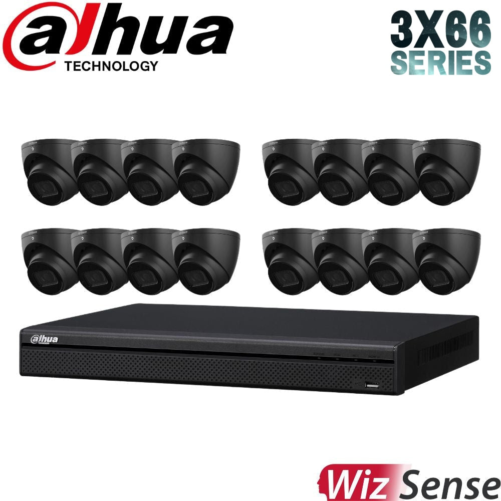 Dahua 3X66 Security System: 16CH 8MP Lite NVR, 16 x 8MP Turret Camera, Starlight, SMD 4.0, AI SSA (Black)